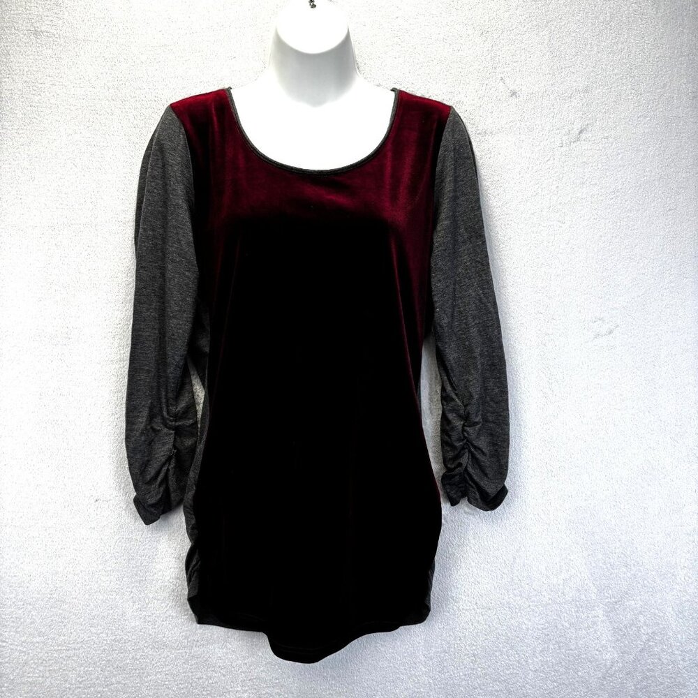 Sundance Velvet Tunic Top Shirt Womens Medium Red Gray Ruched Holiday Christmas‎
